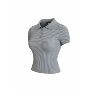 Studio‎ 19 Grey Ribbed Knit Polo Sweater Size Small Short Sleeve Button Crop Top